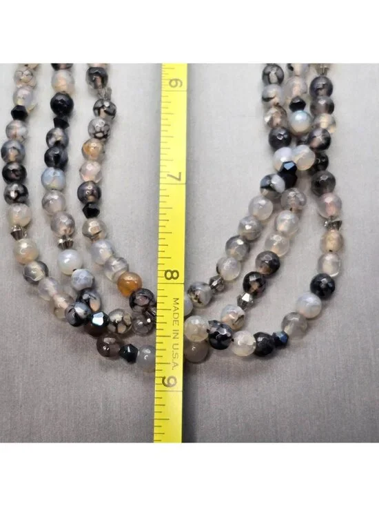 Multi-Strand Dragon Vein Agate Beaded Necklace 16" 925 Silver Clasp Undyed - Picture 9 of 13